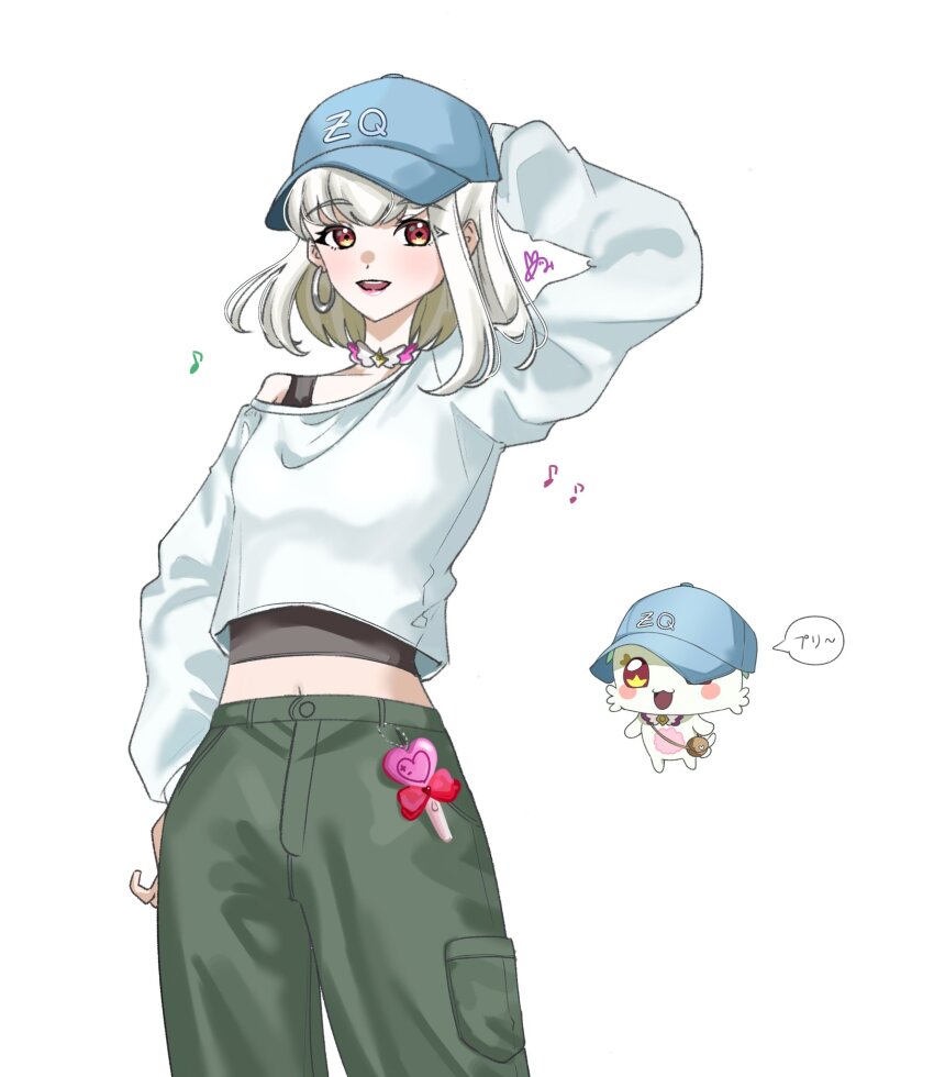 1girl, baseball_cap, blonde_hair, blunt_bangs, bob_cut, casual, charm_(object), choker