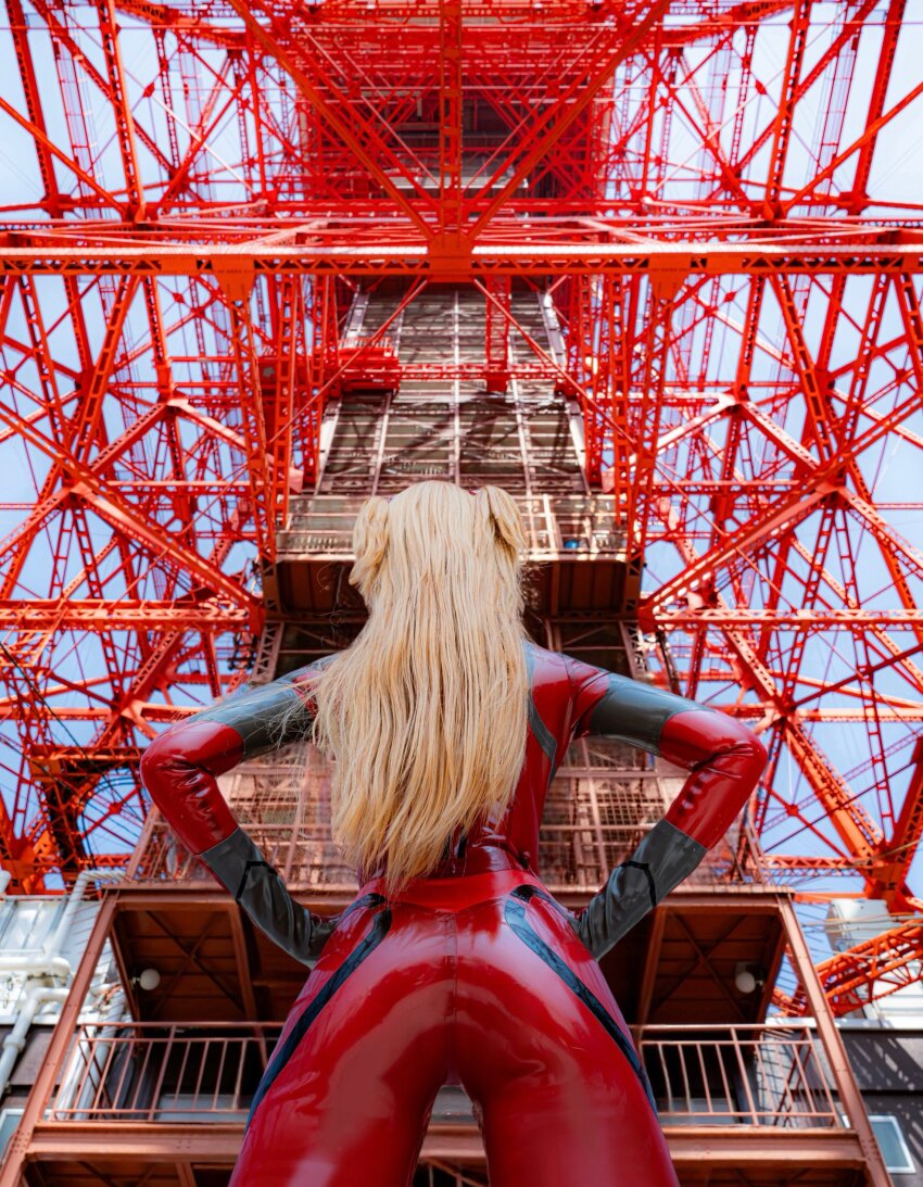 1girl, absurdres, ass, bodysuit, building, cosplay, cosplay_photo, from_below
