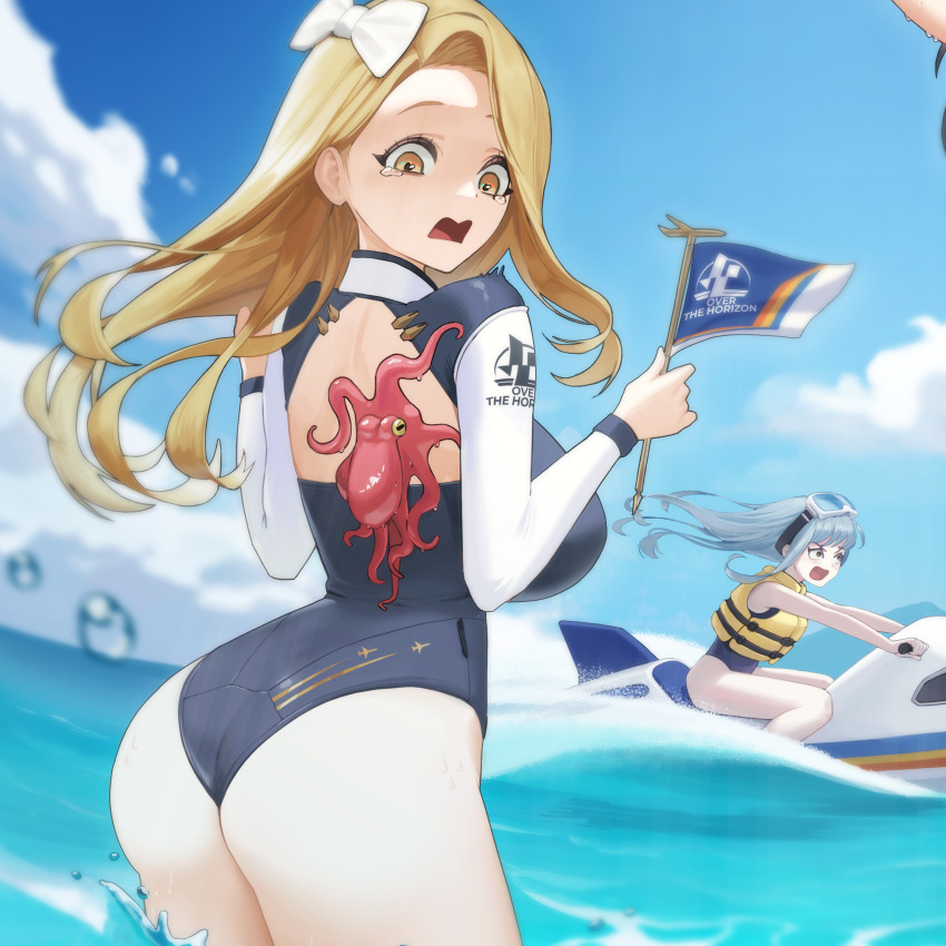 3girls, :d, absurdres, alternate_costume, animal_on_back, ass, back_cutout, bare_shoulders