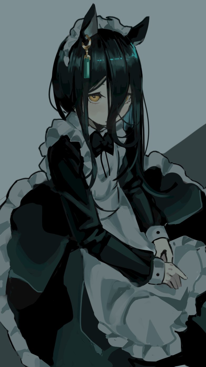 1girl, animal_ears, apron, black_bow, black_bowtie, black_dress, black_hair, bow