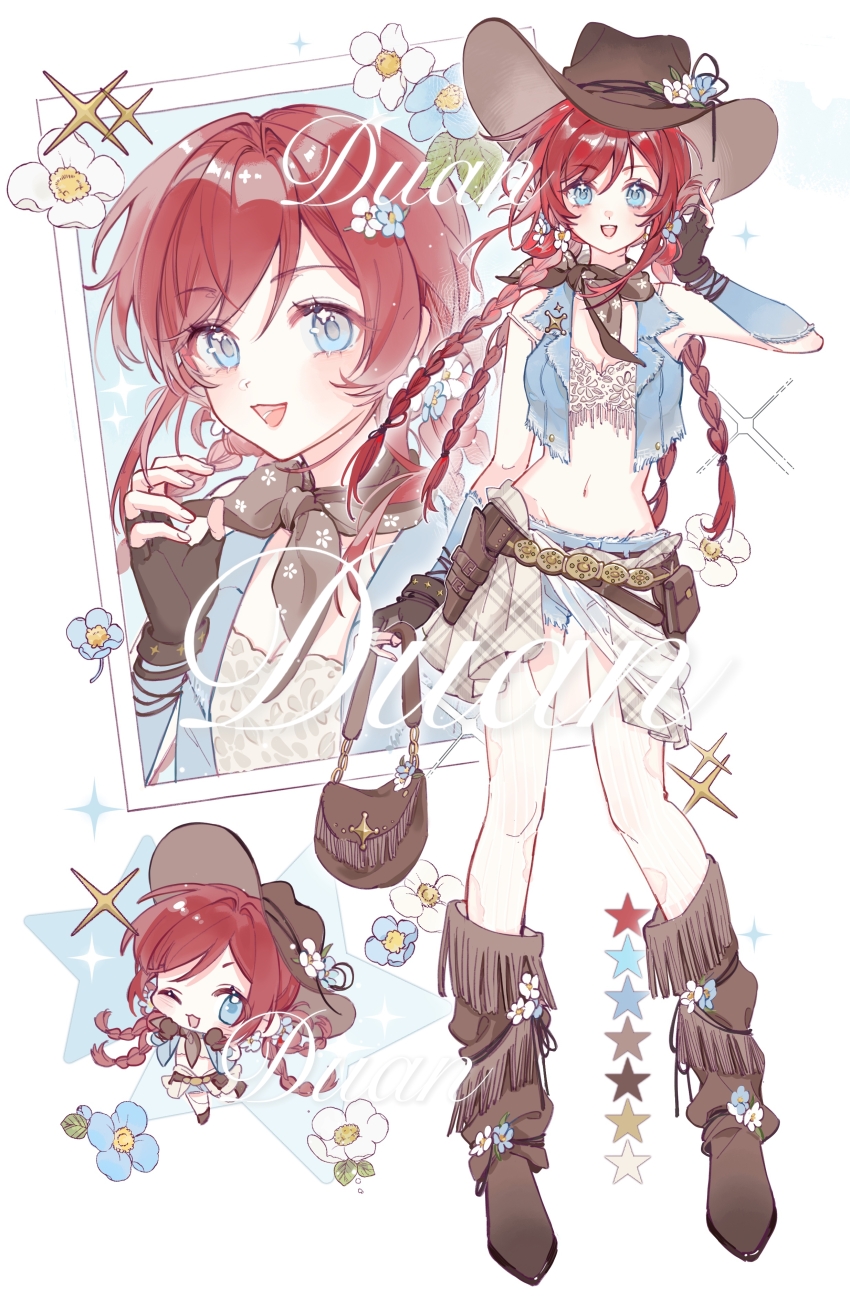 1girl, absurdres, arm_warmers, bag, belt, blue_arm_warmers, blue_eyes, blue_vest, boots, bra, brown_bag, brown_belt, brown_boots, brown_gloves, brown_hat, brown_neckerchief, chibi, chibi_inset, chinese_commentary, chuanhe_duanduanzi, commentary_request, commission, cowboy_hat, cowgirl_(western), denim, denim_shorts, fashion, fingerless_gloves, flower, fringe_trim, gloves, handbag, hat, highres, lace, lace_bra, long_hair, multiple_views, neckerchief, original, quad_braids, red_hair, shorts, underwear, vest, watermark, y2k_fashion
