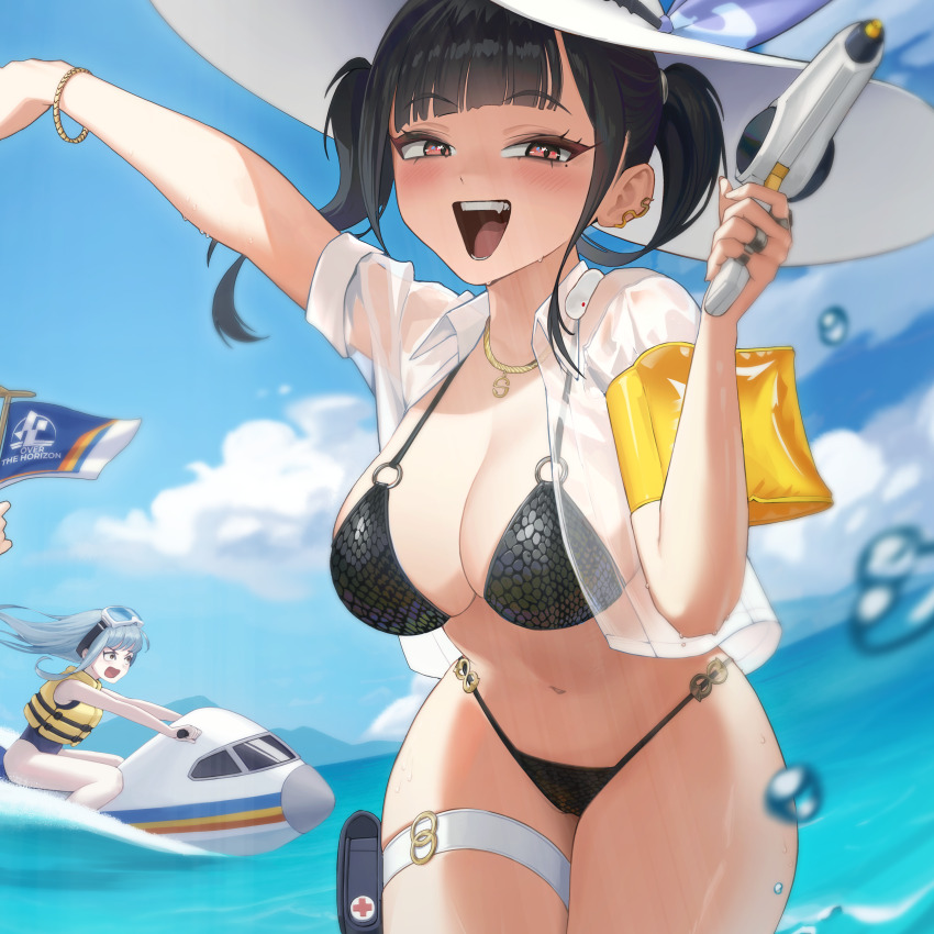 3girls, :d, absurdres, alternate_costume, animal_on_back, back_cutout, bare_shoulders, bikini, black_bikini, black_hair, black_wetsuit, blue_hair, blue_one-piece_swimsuit, blue_sky, blunt_bangs, blush, bodysuit, bow, bracelet, breasts, cielo_(nikke), cleavage, clothing_cutout, cloud, commentary, contrail, cowboy_shot, day, diving_suit, fang, flag, goddess_of_victory:_nikke, hair_bow, hat, highres, holding, holding_flag, holding_water_gun, jet_ski, jewelry, large_breasts, life_vest, long_hair, looking_at_viewer, multiple_girls, multiple_rings, navel, necklace, ocean, one-piece_swimsuit, open_clothes, open_mouth, open_shirt, outdoors, over_the_horizon_(nikke), parted_hair, pointing, pouch, red_eyes, ring, sanakk, see-through_clothes, see-through_shirt, shirt, sitting, sky, sky_(nikke), smile, sora_(nikke), standing, stomach, sun_hat, swimsuit, teeth, thigh_pouch, thigh_strap, twintails, upper_teeth_only, wading, water_drop, water_gun, watercraft, wet, wet_clothes, wet_shirt, wetsuit, white_bow, white_hat, white_shirt, yellow_eyes