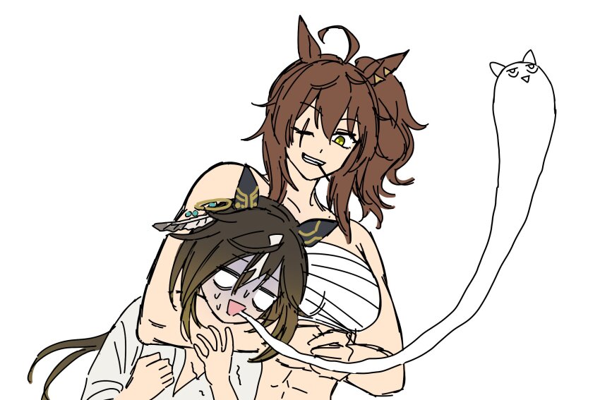 2girls, abs, ahoge, arm_around_neck, bare_shoulders, blank_eyes, chest_sarashi, choke_hold, dear_wink_(racehorse), ear_covers, ear_ornament, feather_hair_ornament, feathers, giving_up_the_ghost, hair_ornament, height_difference, highres, long_hair, mouth_hold, multiple_girls, muscular, muscular_female, one_eye_closed, original, personification, plunging_neckline, reimei_(hokanko_i), sarashi, scar, scar_across_eye, scar_on_face, shirt, side_ponytail, simple_background, stalk_in_mouth, stay_gold_(umamusume), strangling, umamusume, umamusume_horse_relations, white_background, white_shirt, yellow_eyes