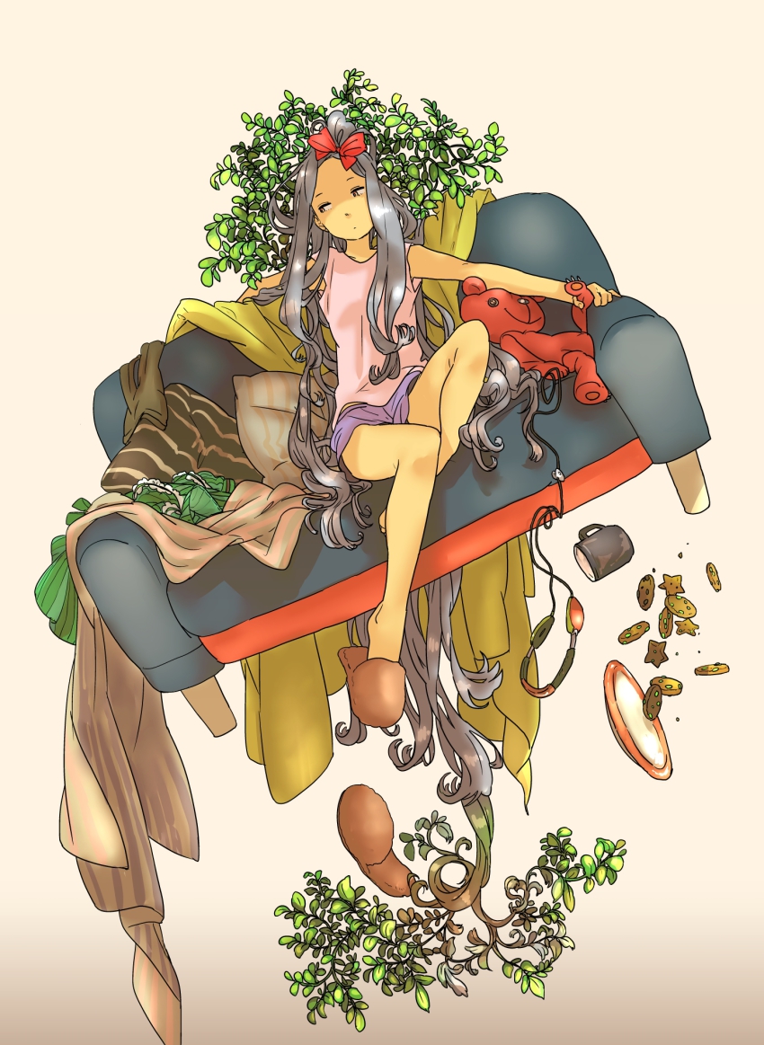 1girl, bad_id, bad_pixiv_id, barefoot, bow, cookie, couch, cup