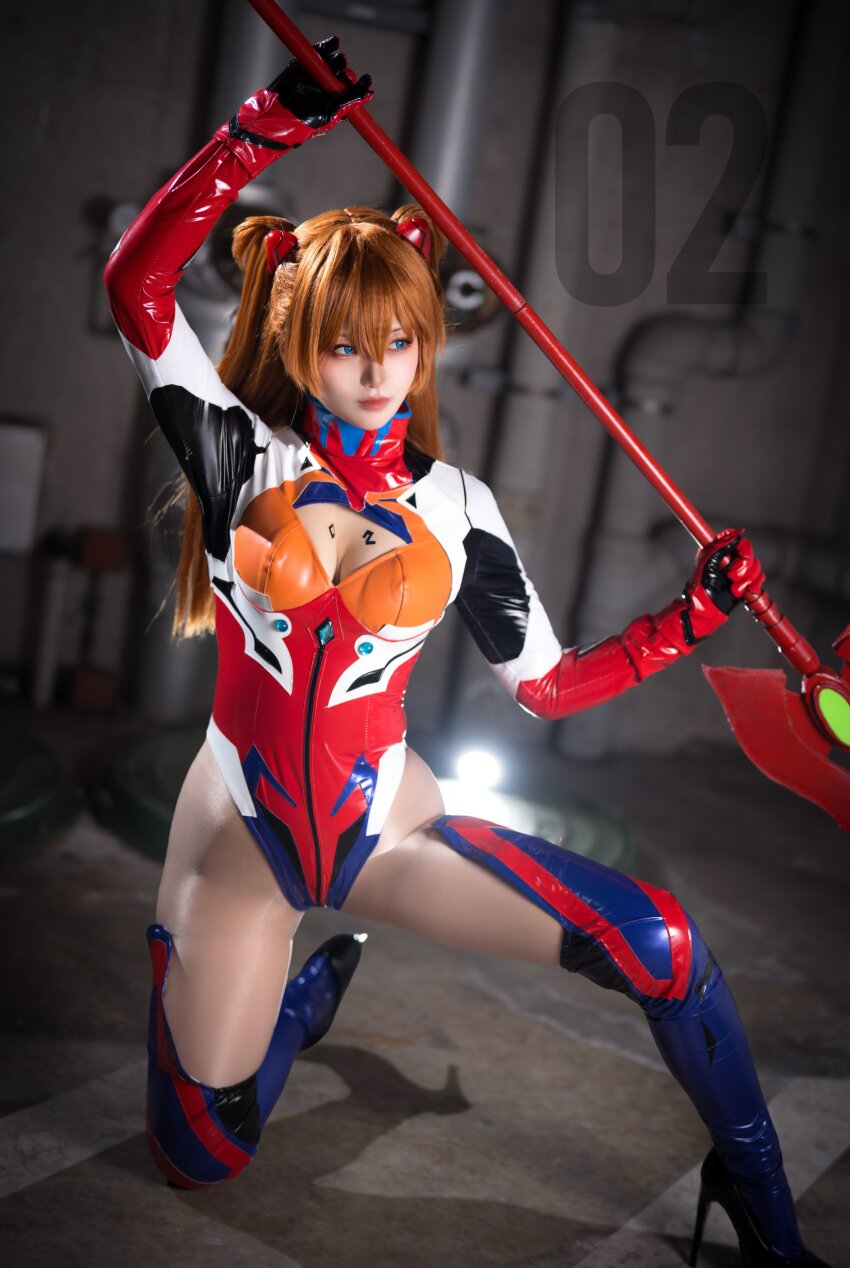 1girl, absurdres, alternate_costume, blue_eyes, boots, breasts, cosplay, cosplay_photo