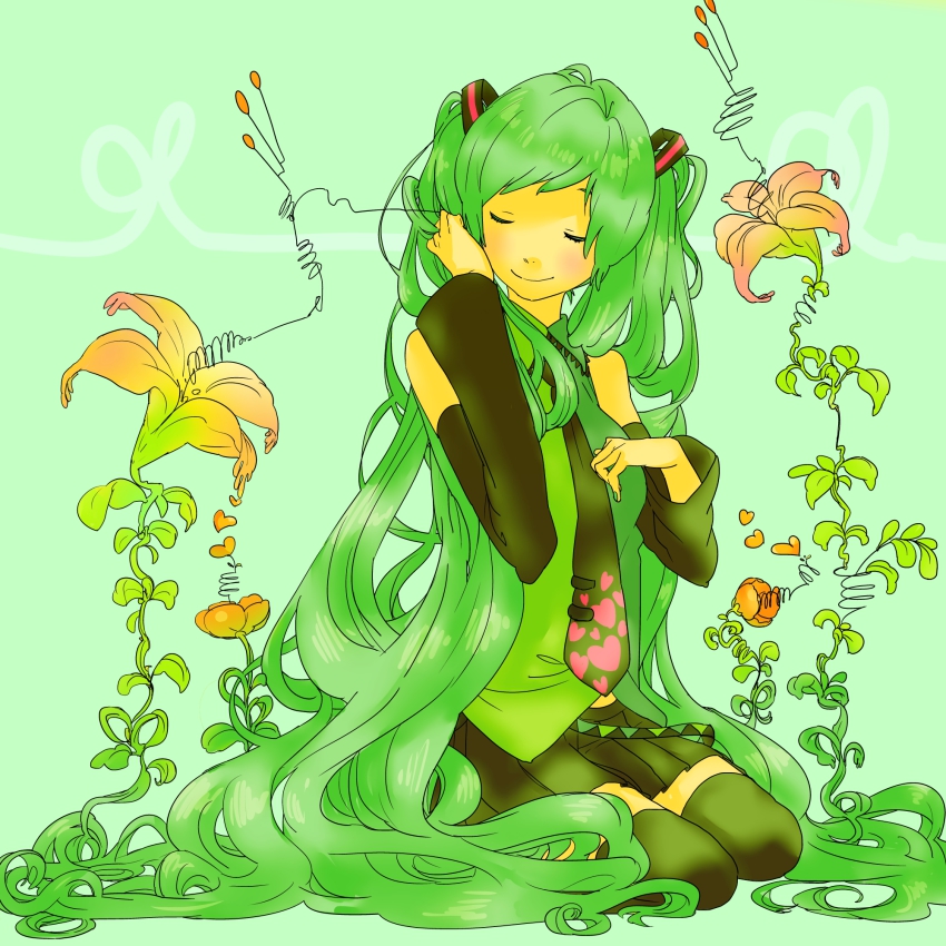 1girl, bad_id, bad_pixiv_id, black_thighhighs, closed_eyes, curly_hair, detached_sleeves, female_focus