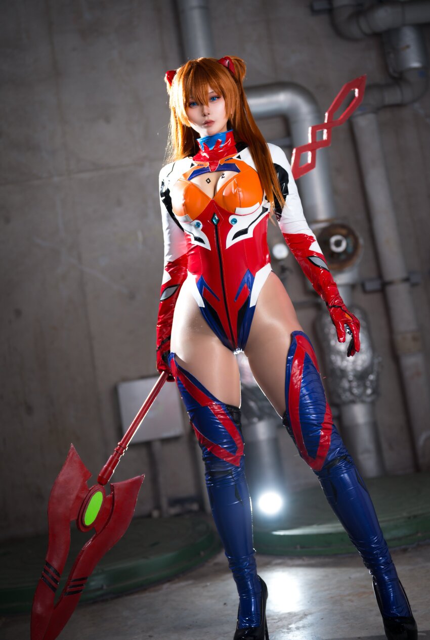 1girl, absurdres, alternate_costume, blue_eyes, boots, breasts, cleavage, cosplay