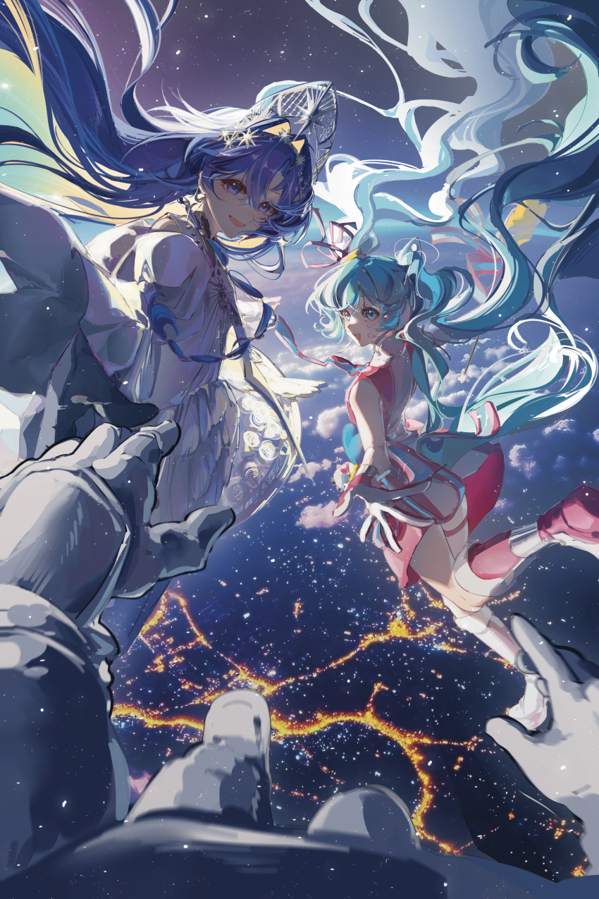 13165075695, 1other, 2girls, :d, absurdres, aqua_eyes, aqua_hair, astronaut