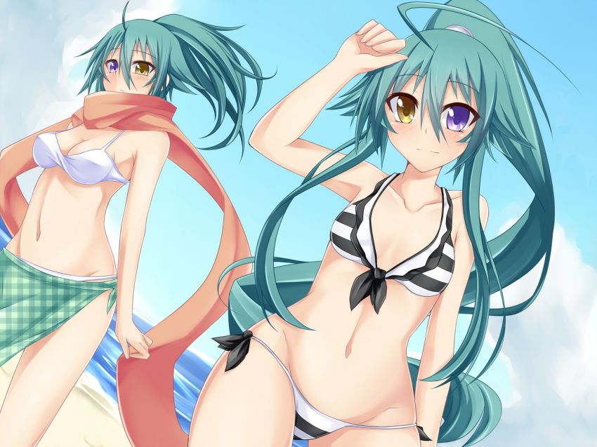 2girls, ahoge, bad_id, bad_pixiv_id, beach, bikini, blush, breasts