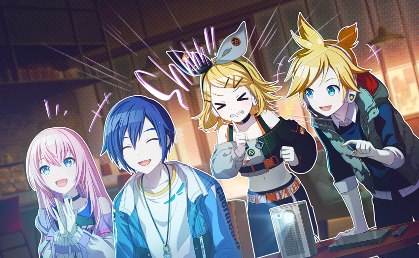 >_<, 2boys, 2girls, :d, ^_^, belt, black_choker, black_pants