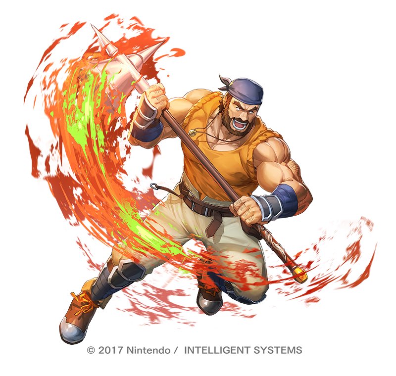 1boy, arm_hair, bandana, beard, belt, brown_hair, commentary_request, company_name