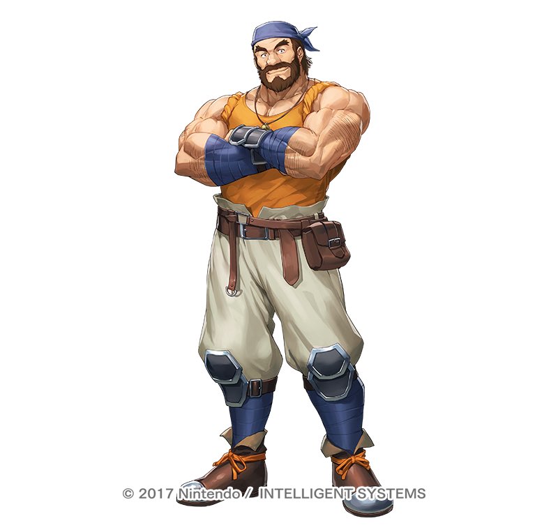 1boy, arm_hair, bandana, beard, belt, brown_hair, commentary_request, company_name