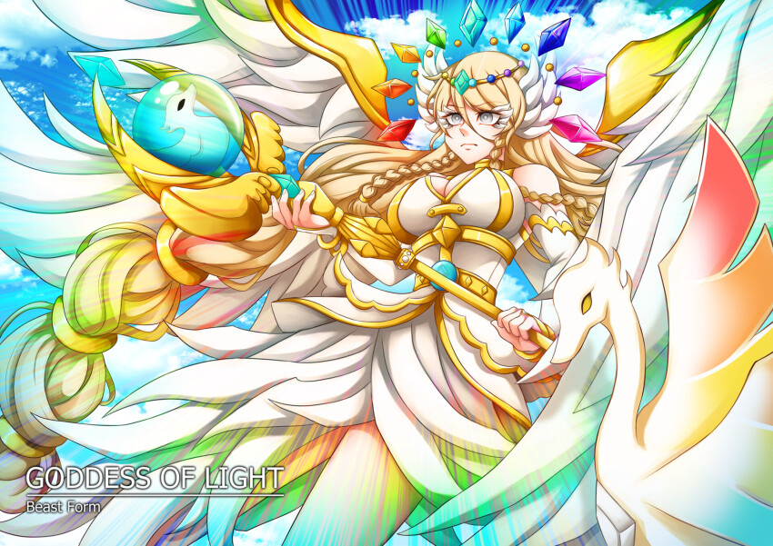 bird, blonde_hair, braid, braided_sidelocks, breasts, circlet, cleavage, dress