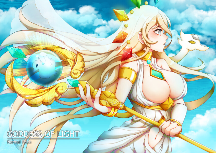 armlet, bird, blonde_hair, bracelet, breasts, bridal_veil, cleavage, dress