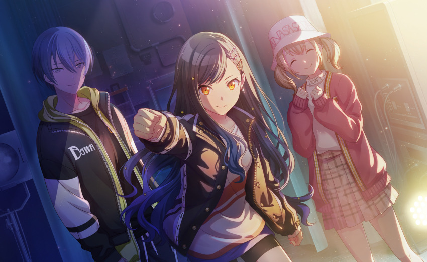 1boy, 2girls, ^_^, aoyagi_touya, azusawa_kohane, black_hair, black_jacket, black_shirt