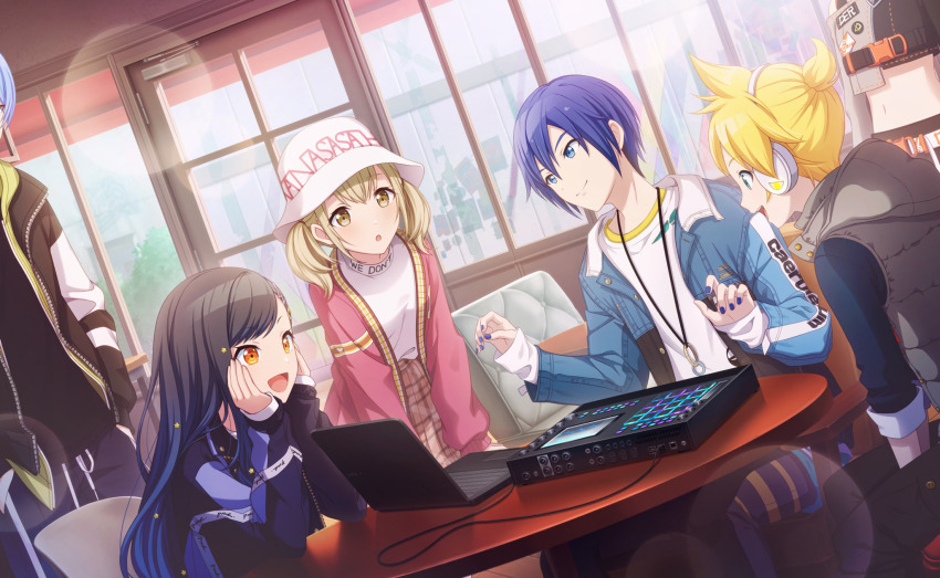 3boys, 3girls, :d, :o, aoyagi_touya, azusawa_kohane, black_hair, black_jacket
