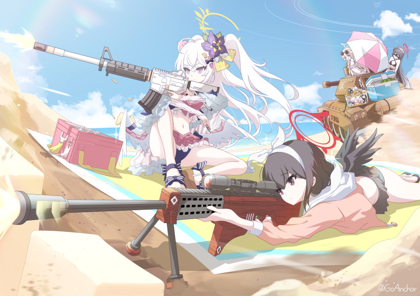 4girls, absurdres, aiming, anti-materiel_rifle, anzio_ironworks_20mm_rifle, assault_rifle, azusa_(blue_archive), azusa_(swimsuit)_(blue_archive)