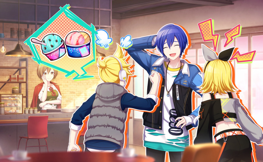 2boys, 2girls, :d, ^_^, belt, black_bow, black_jacket, black_pants