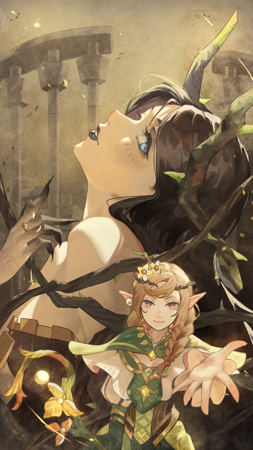 2girls, absurdres, afk_(series), afk_journey, bare_shoulders, beckoning, black_hair, black_lips