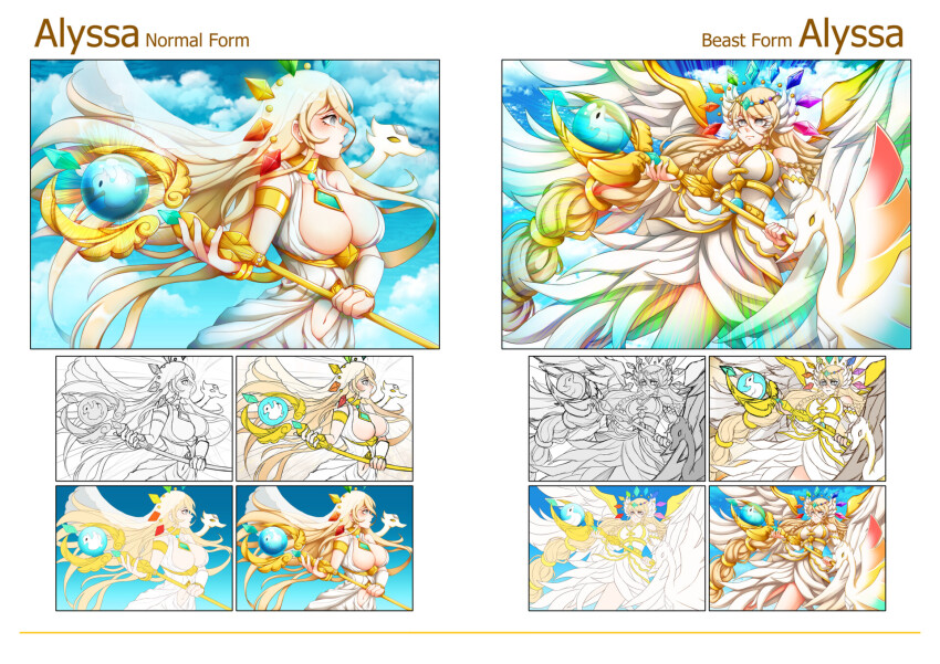 armlet, blonde_hair, bracelet, breasts, cleavage, dress, gem, goddess_of_light_alyssa