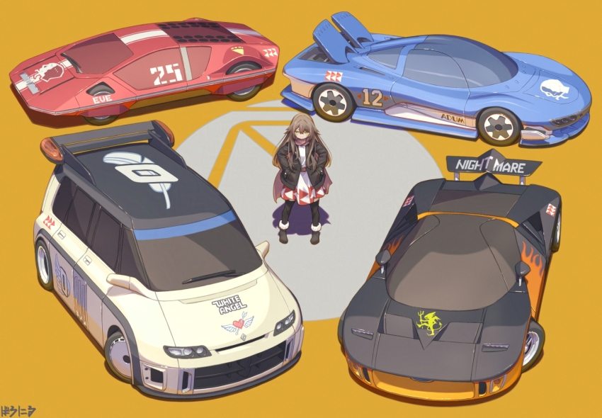 1girl, baronilu, brown_hair, car, commentary, copyright_logo, cosplay, english_commentary