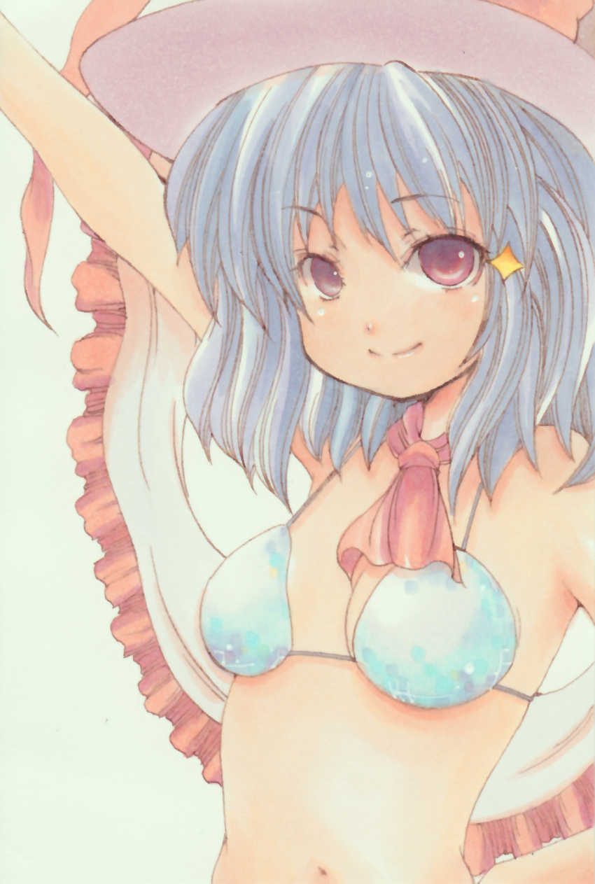 1girl, arm_up, ascot, bikini, blue_hair, breasts, female_focus, hat