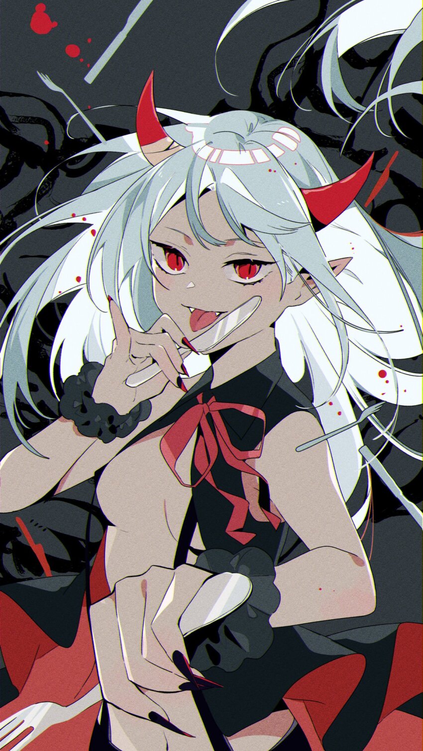 1girl, ambiguous_red_liquid, bad_id, bad_twitter_id, black_background, black_nails, black_shirt, breasts