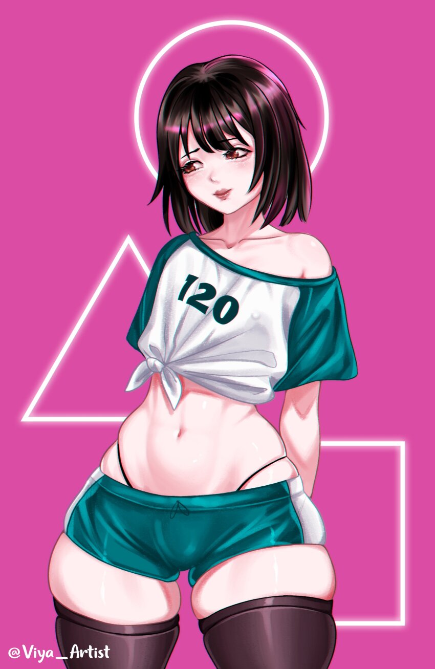 1girl, absurdres, artist_name, bikini, black_hair, black_thighhighs, blunt_bangs, breasts, brown_eyes, cho_hyun-ju, closed_mouth, embarrassed, highres, lips, looking_down, looking_to_the_side, makeup, medium_hair, navel, pink_background, shirt, short_hair, shorts, signature, simple_background, small_breasts, solo, squid_game, standing, stomach, string_bikini, swimsuit, t-shirt, thick_thighs, thighhighs, thighs, twitter_username, viya_artist, watermark