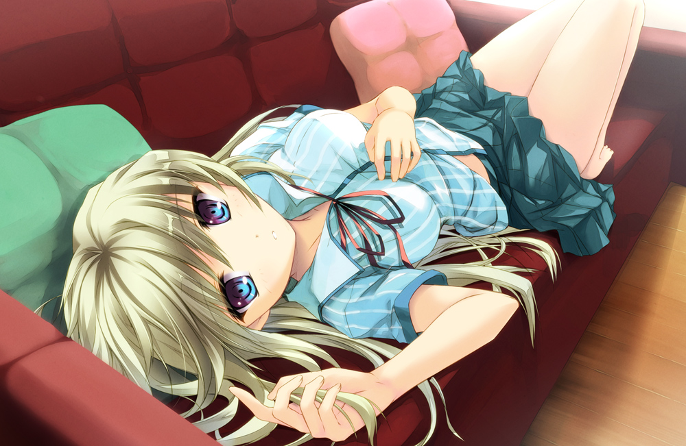 1girl, bare_legs, barefoot, blonde_hair, blue_eyes, breasts, couch, dress_shirt