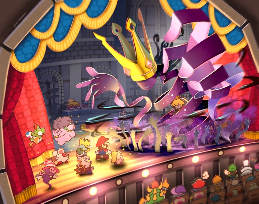 6+boys, 6+girls, admiral_bobbery, arm_up, audience, battle, beldam, blonde_hair