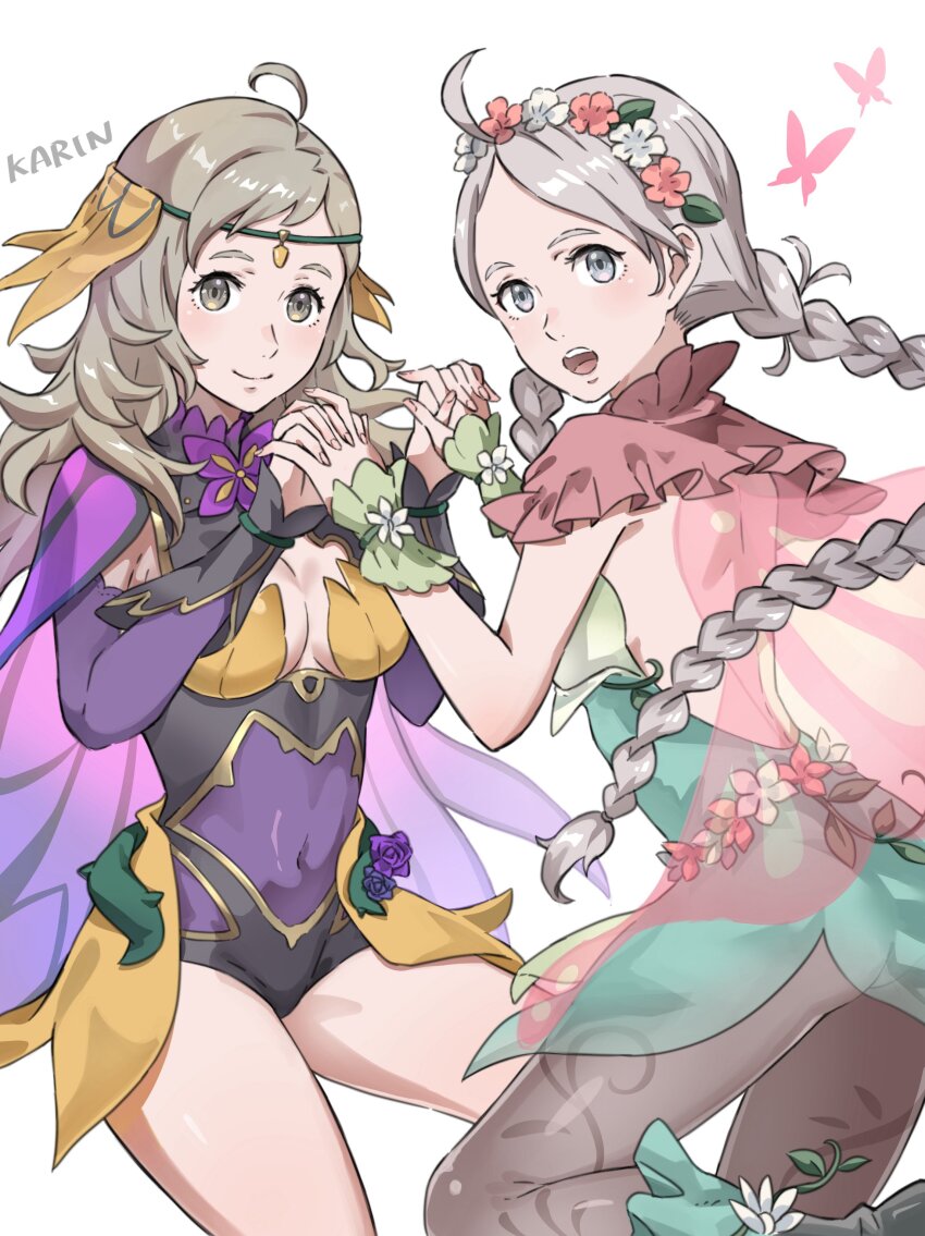 2girls, absurdres, ahoge, ass, asymmetrical_bangs, back, backless_outfit, blonde_hair