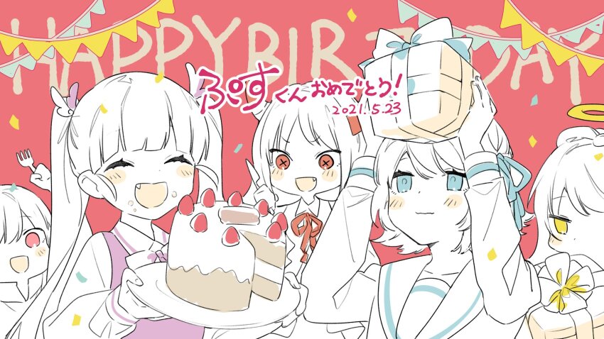 5girls, ano_yo_iki_no_bus_ni_notte_saraba, bad_id, bad_twitter_id, banner, birthday_party, blue_eyes, blue_ribbon