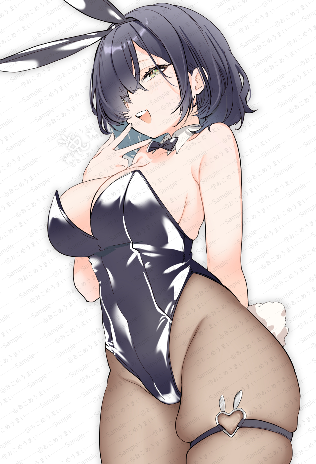 1girl, ama_natsuko, animal_ear_hairband, animal_ears, black_bow, black_bowtie, black_hair, black_leotard