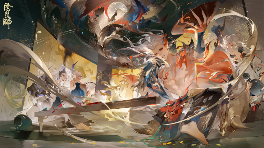 2boys, abs, absurdres, bamboo_screen, barefoot, black_hair, black_hakama, black_kimono