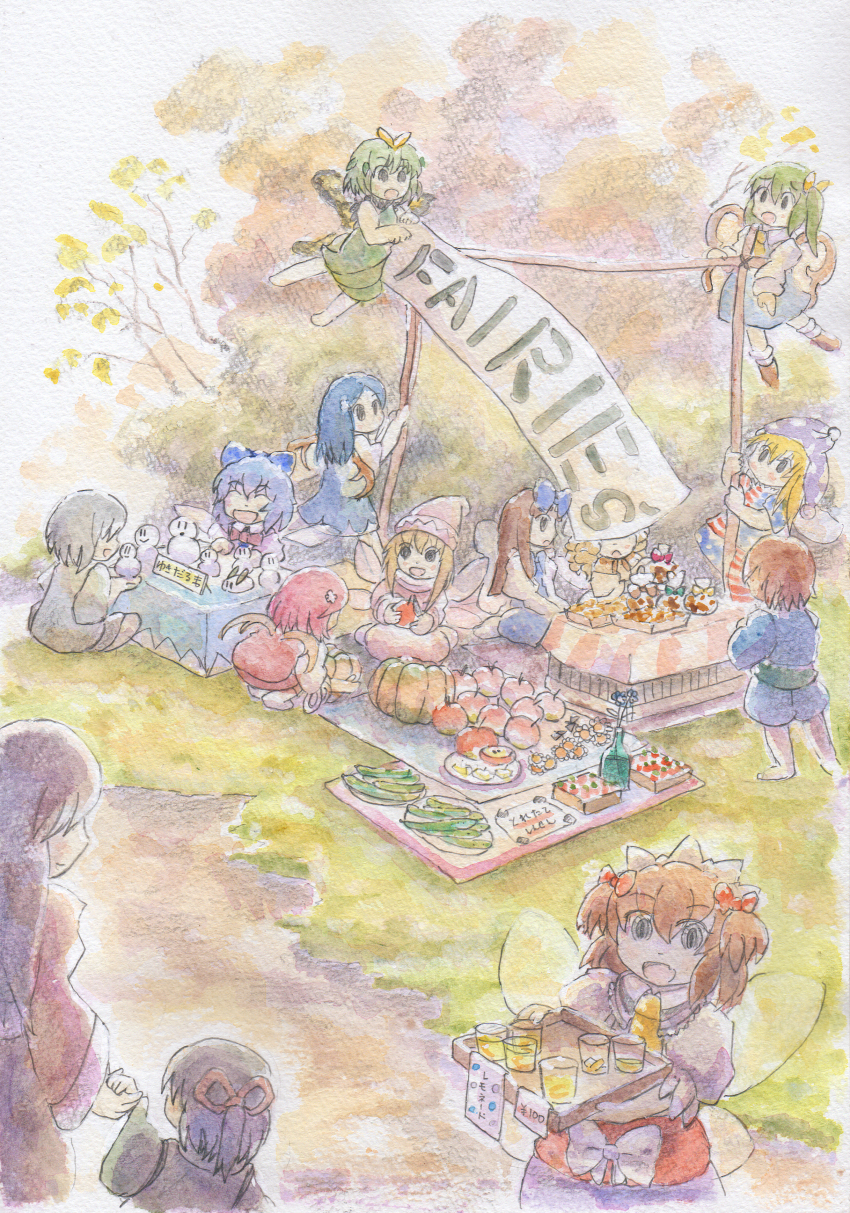 2boys, 6+girls, :d, :o, absurdres, american_flag, american_flag_print, apple