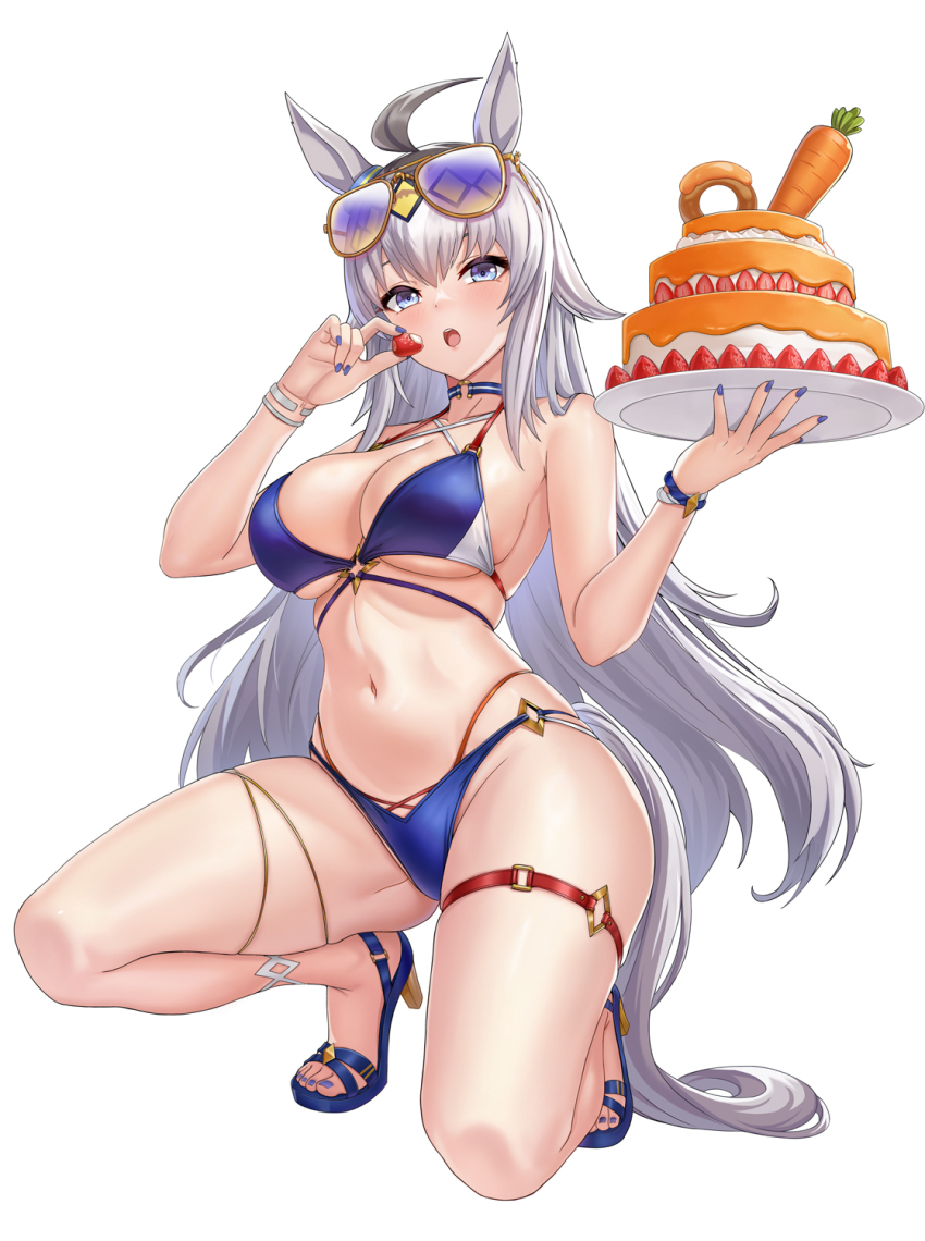 1girl, ahoge, animal_ears, bikini, blue_bikini, blue_eyes, blush, bracelet