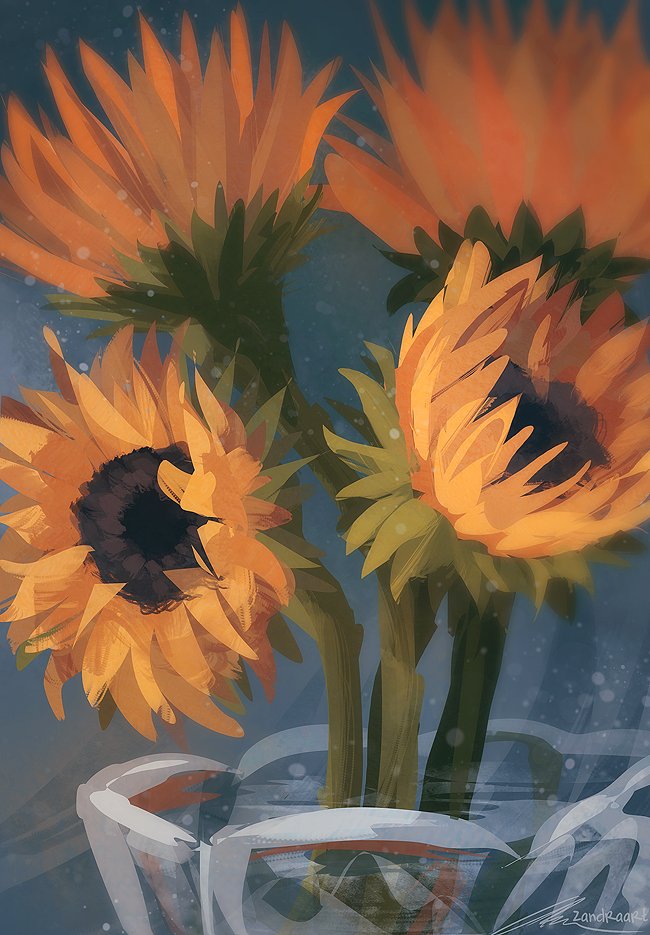 blue_background, close-up, flower, glass, no_humans, original, painterly, partially_submerged