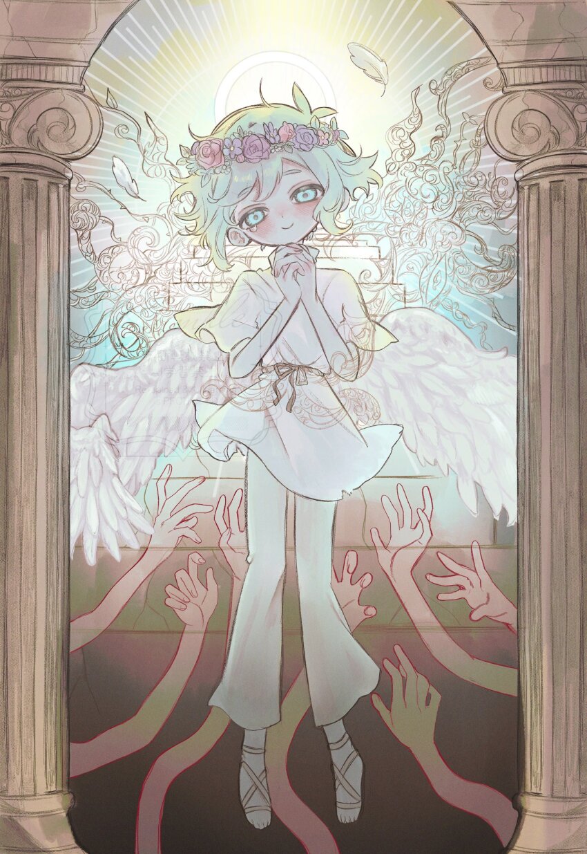 1boy, angel, angel_wings, antenna_hair, basil_(headspace)_(omori), basil_(omori), blush, flower, full_body, green_eyes, grey_hair, halo, head_wreath, highres, looking_at_viewer, omori, own_hands_clasped, own_hands_together, p0tatotat, short_hair, smile, solo, wings