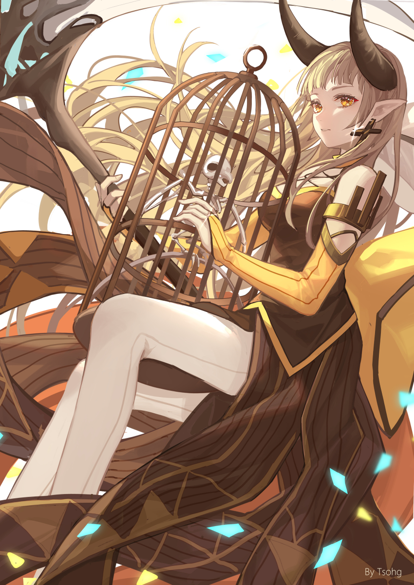 1girl, absurdres, animal_skeleton, arcaea, artist_name, bare_shoulders, birdcage, black_horns