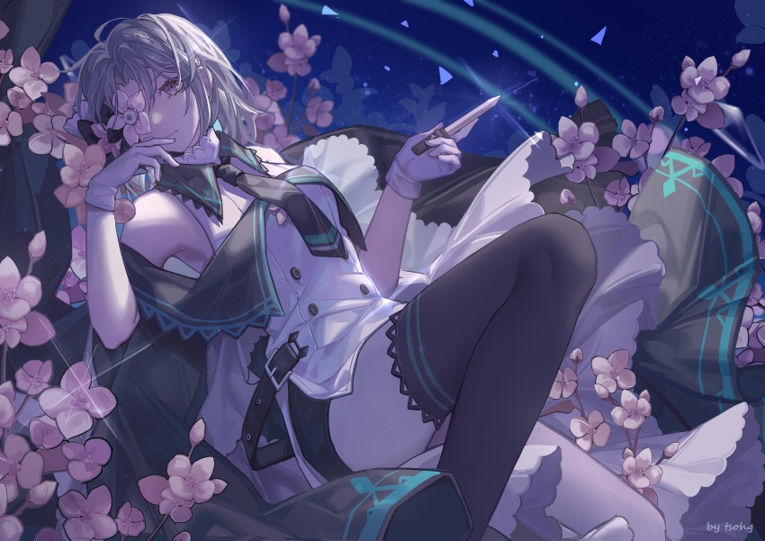 1girl, absurdres, ahoge, arcaea, artist_name, bare_shoulders, belt, black_belt