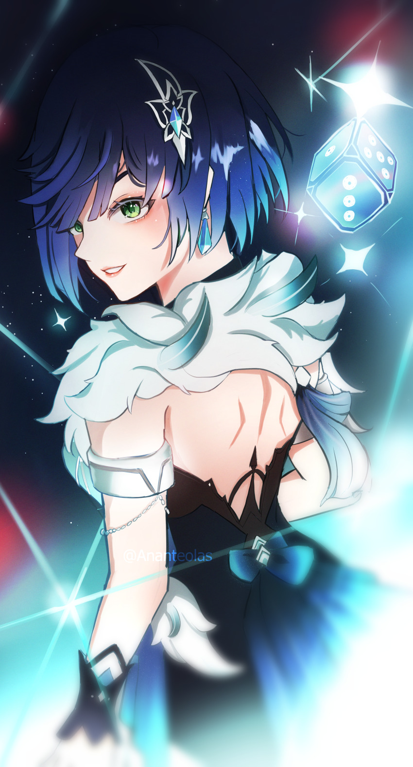 1girl, absurdres, ananteolas, back, backless_dress, backless_outfit, black_gloves, blue_background