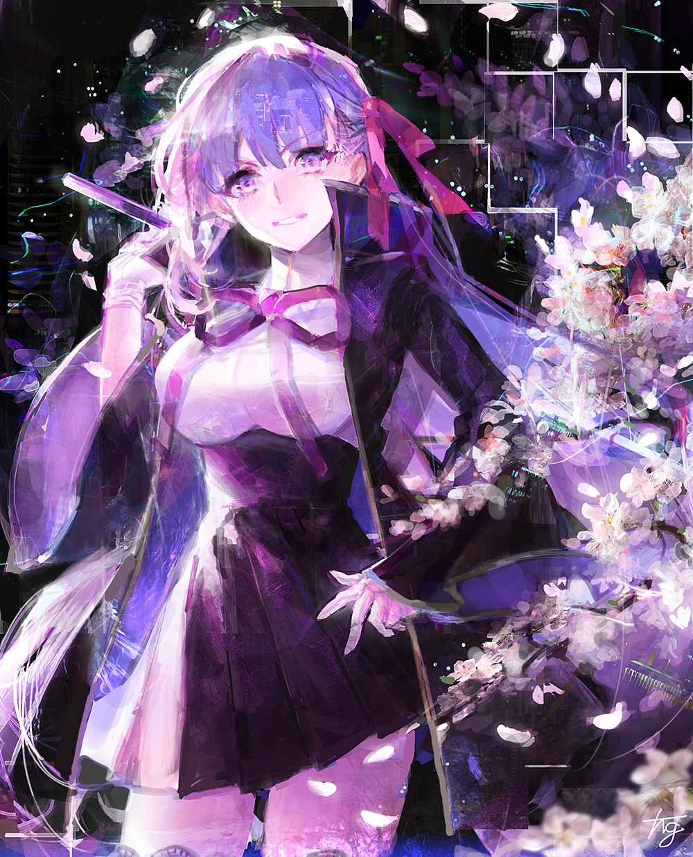1girl, bb_(fate), black_background, black_coat, black_skirt, breasts, cherry_blossoms, coat