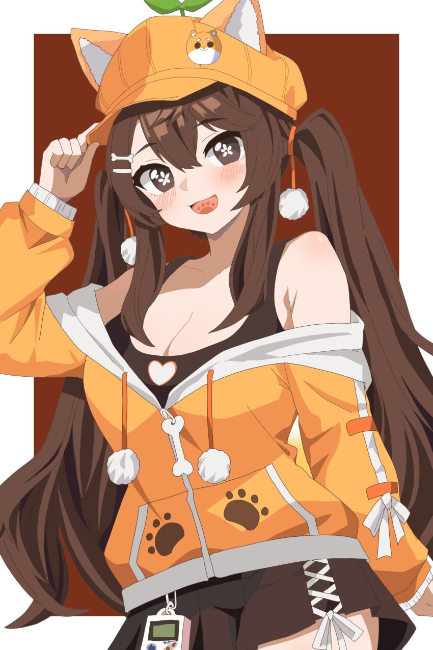 1girl, :3, absurdres, adjusting_clothes, adjusting_headwear, aki_orange, arm_at_side, arm_up, bare_shoulders, belt_charm, black_skirt, black_tank_top, border, breasts, bright_pupils, brown_background, brown_eyes, brown_hair, charm_(object), cleavage, commentary, commission, cowboy_shot, cross-laced_clothes, cross-laced_skirt, double-parted_bangs, drawstring, english_commentary, game_boy, handheld_game_console, happy, hat, heart, heart_print, highres, hood, hood_down, hoodie, indie_virtual_youtuber, large_breasts, light_blush, long_hair, long_sleeves, miniskirt, newsboy_cap, off_shoulder, open_mouth, orange_hat, orange_hoodie, outside_border, partially_unzipped, pleated_skirt, pom_pom_(clothes), sapling, second-party_source, shiba_inu, sidelocks, single_sleeve_past_wrist, skirt, sleeve_bow, smile, solo, standing, tank_top, twintails, very_long_hair, white_border, white_pupils, xb3oonhdnlxkhfr