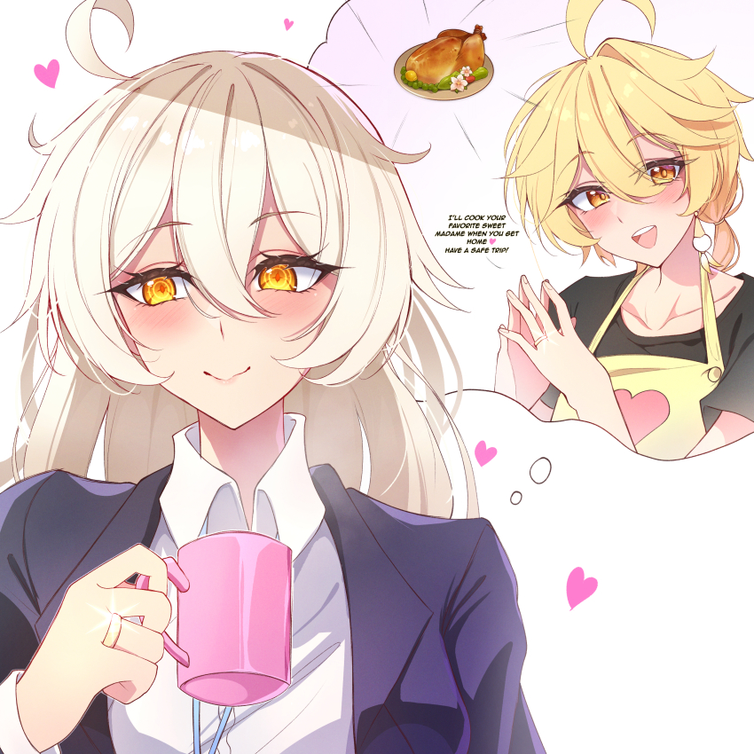 1boy, 1girl, absurdres, aether_(genshin_impact), ahoge, alternate_costume, apron, asmoday_(genshin_impact)