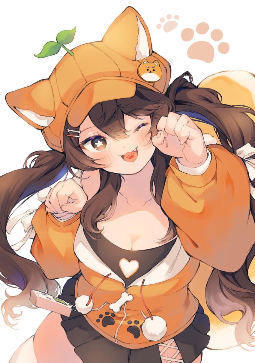 1girl, ;3, absurdres, aki_orange, animal_ear_headwear, animal_ears, asymmetrical_bangs, belt_charm