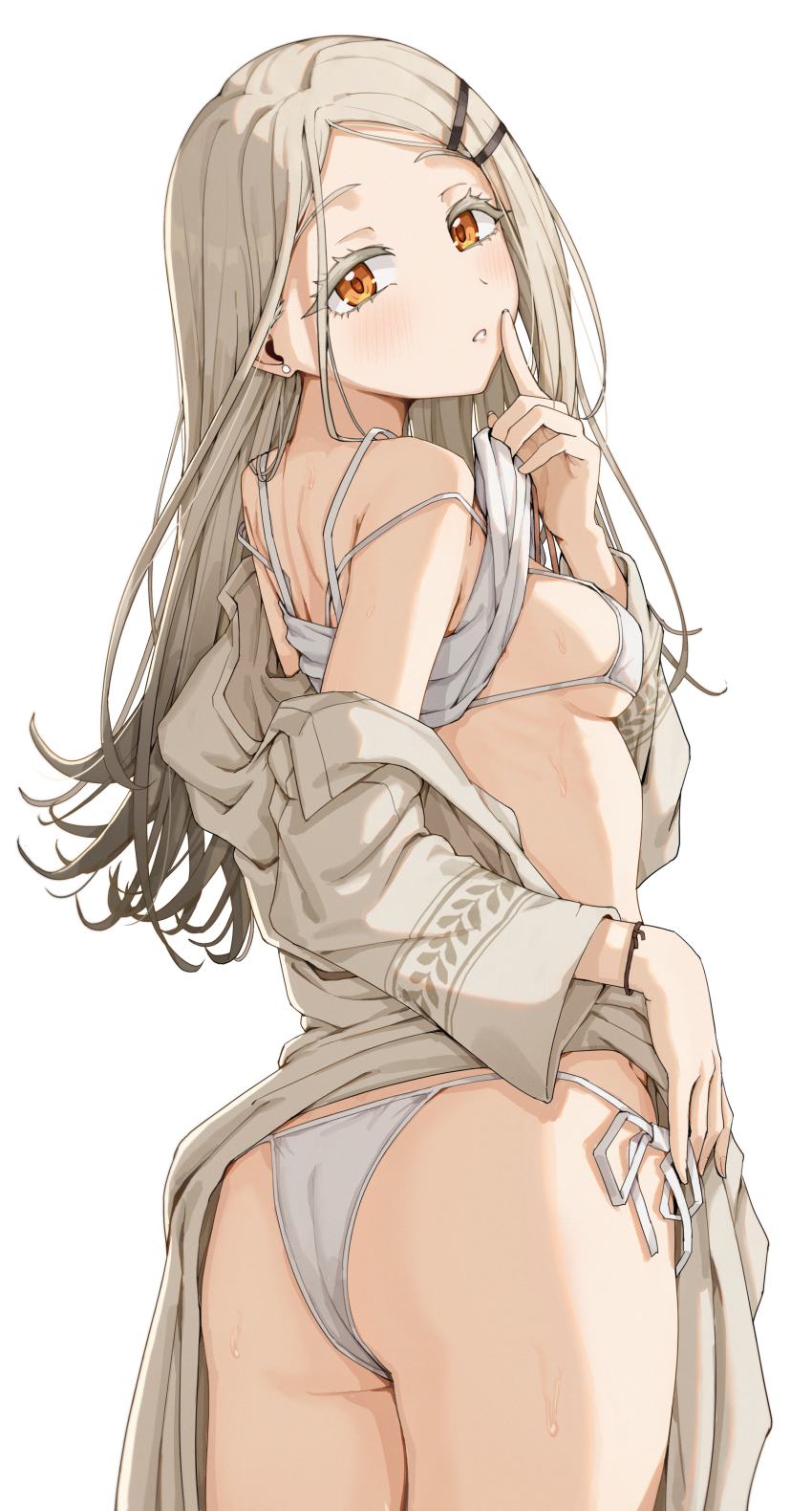 1girl, absurdres, ass, back, bare_shoulders, blonde_hair, blush, bra, breasts, camisole, clothes_lift, gakuen_idolmaster, grey_shirt, hair_ornament, hairclip, highres, idolmaster, long_hair, long_sleeves, looking_at_viewer, looking_back, mimma_ring_(nobuyueli), off_shoulder, orange_eyes, panties, parted_bangs, parted_lips, shinosawa_hiro, shirt, small_breasts, solo, thighs, underwear, white_bra, white_camisole, white_panties