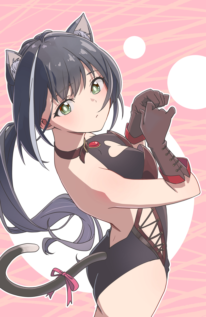 1girl, absurdres, animal_ear_fluff, animal_ears, ass, backless_leotard, black_hair, black_leotard, breasts, brown_collar, brown_gloves, cat_ears, cat_girl, cat_tail, cleavage, cleavage_cutout, closed_mouth, clothing_cutout, collar, cowboy_shot, from_side, gloves, green_eyes, highres, karyl_(princess_connect!), leotard, looking_at_viewer, looking_to_the_side, medium_skirt, multicolored_hair, pink_background, princess_connect!, red_ribbon, ribbon, skirt, solo, standing, streaked_hair, tail, tail_ornament, tail_ribbon, takkun_(takkun20)