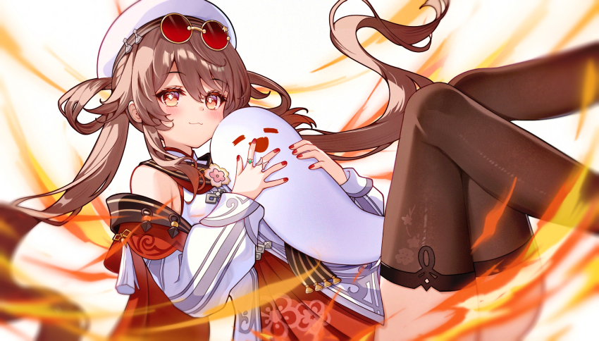 1girl, :3, blurry, blurry_foreground, boo_tao_(genshin_impact), brown_eyes, brown_hair, brown_thighhighs