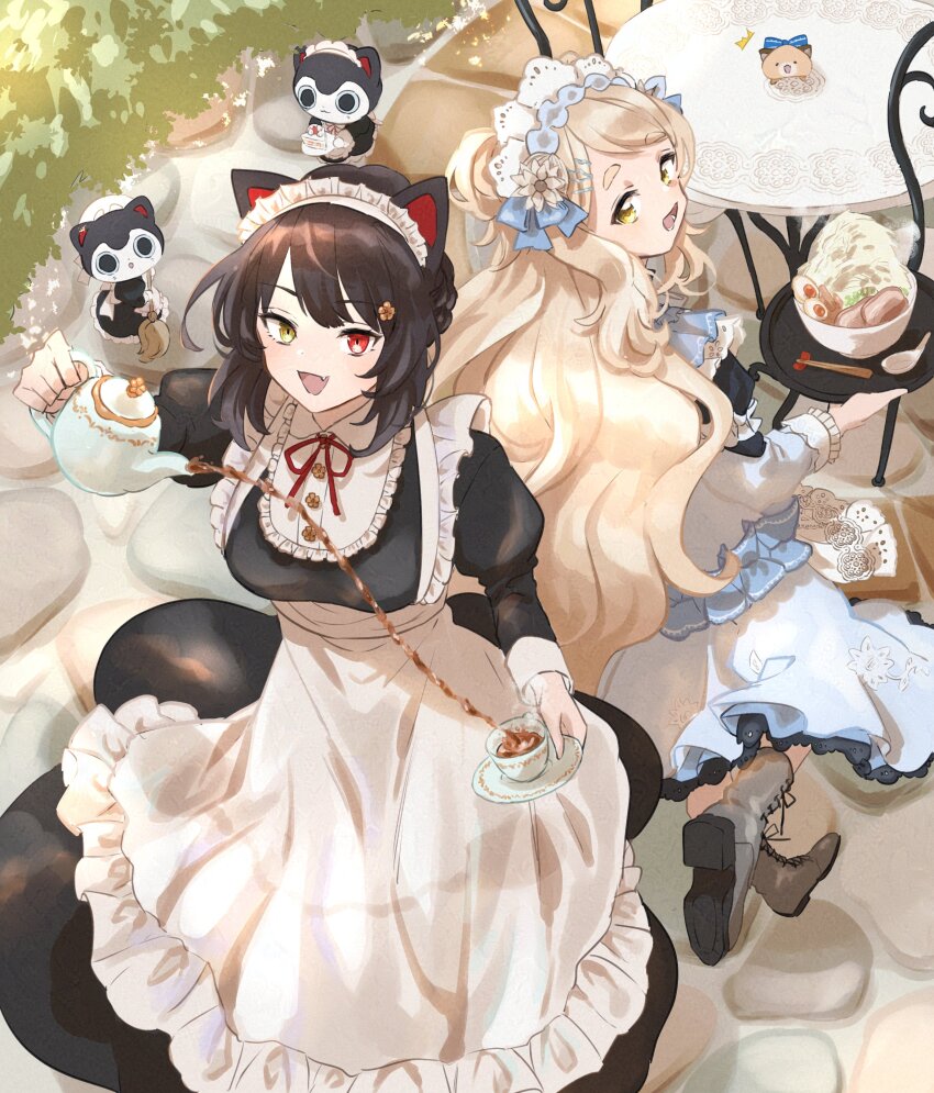 2girls, :d, absurdres, animal_ears, apron, banken_(inui_toko), black_dress, black_hair