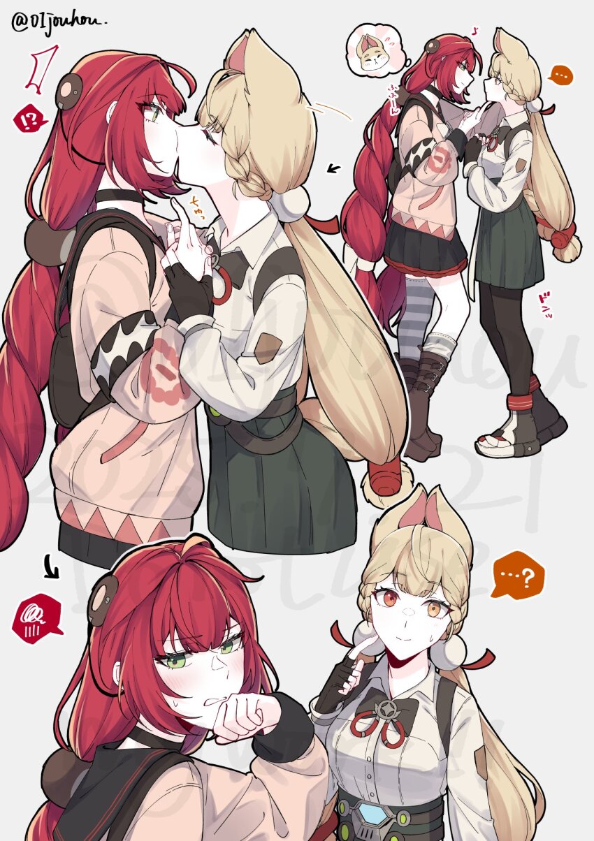 !?, ..., 2girls, alice_thymefield, arrow_(symbol), black_choker, black_gloves, black_pantyhose, black_skirt, blonde_hair, blush, boots, braid, brown_boots, choker, closed_eyes, closed_mouth, commentary, fingerless_gloves, gloves, green_eyes, green_skirt, hair_ornament, heterochromia, highres, jouhou, kiss, looking_at_another, multiple_girls, pantyhose, parted_lips, pink_background, pink_eyes, pink_sweater, pleated_skirt, pointing, pointing_at_self, red_hair, simple_background, single_braid, single_thighhigh, skirt, smile, sphere_hair_ornament, spoken_ellipsis, spoken_interrobang, spoken_squiggle, squiggle, striped_clothes, striped_thighhighs, sweatdrop, sweater, untranslatable_commentary, thighhighs, twitter_username, ukinami_yuzuha, yellow_eyes, yuri, zenless_zone_zero